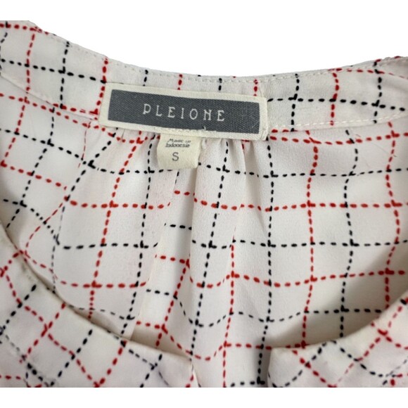 PLEIONE Split Neck Blouse Top Pleated Sleeve Grid Check Office Flowy Modern S - Picture 3 of 9